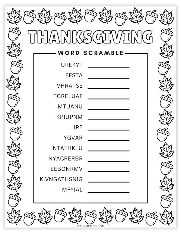 Printable Thanksgiving Word Scramble