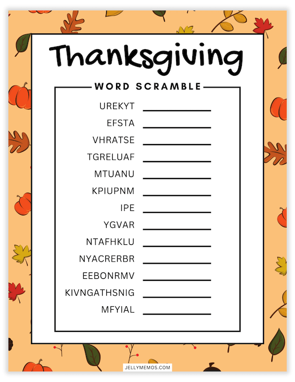 Printable Thanksgiving Word Scramble