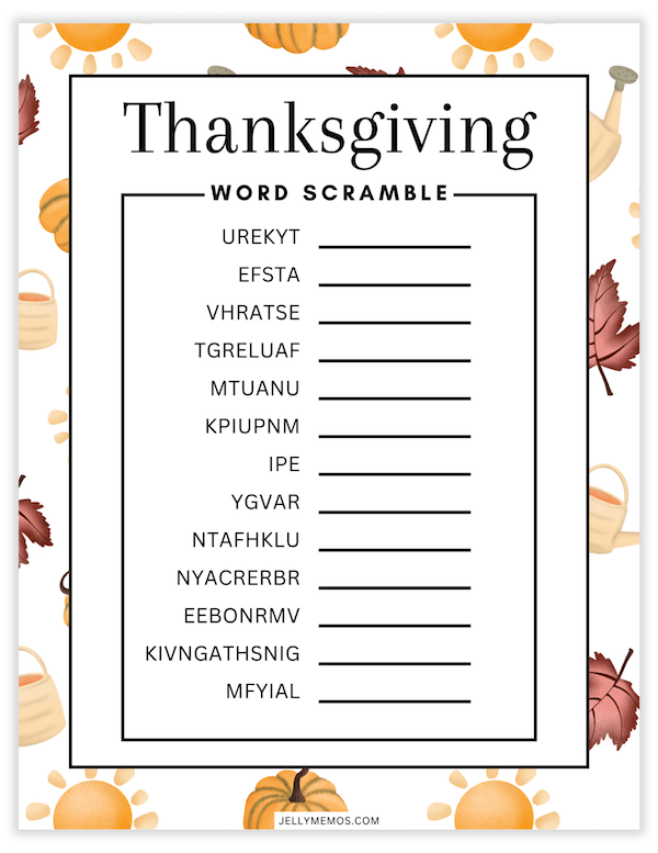 Printable Thanksgiving Word Scramble