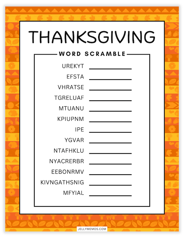Printable Thanksgiving Word Scramble