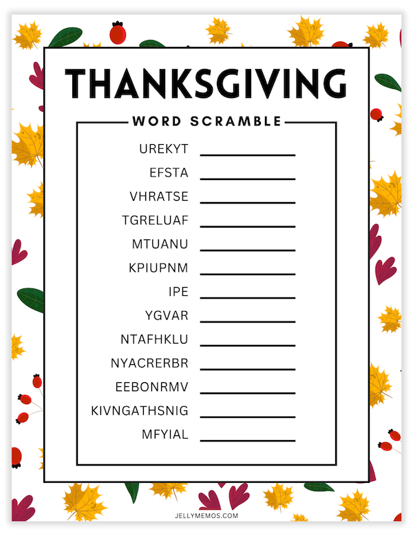 Printable Thanksgiving Word Scramble