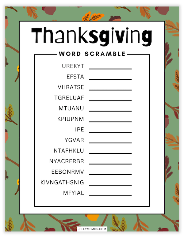 Printable Thanksgiving Word Scramble