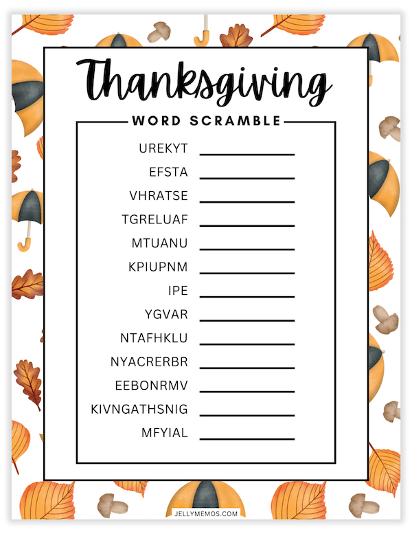 Printable Thanksgiving Word Scramble