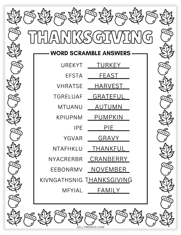 Thanksgiving Word Scramble Answers