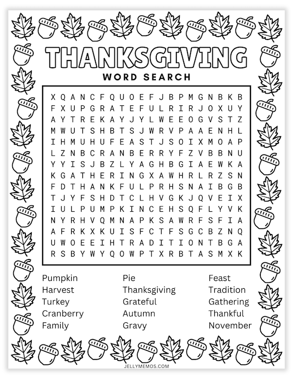printable thanksgiving word search