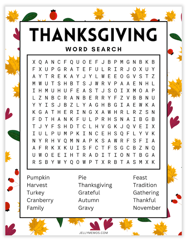 printable thanksgiving word search