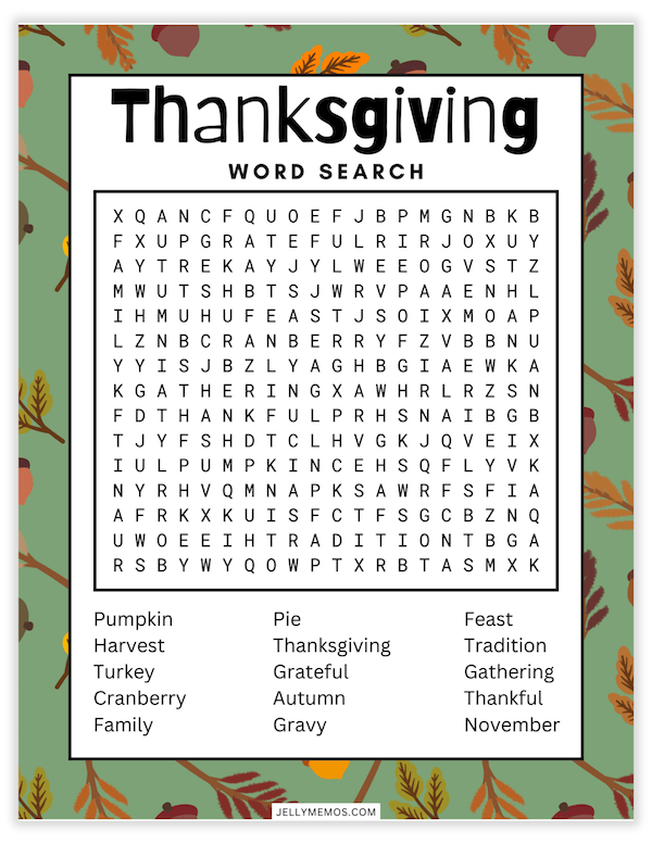 printable thanksgiving word search