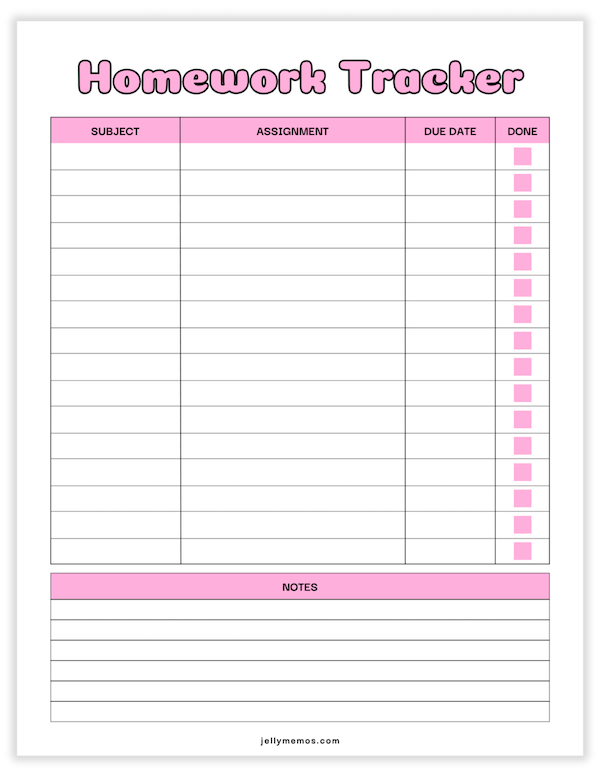 printable homework tracker