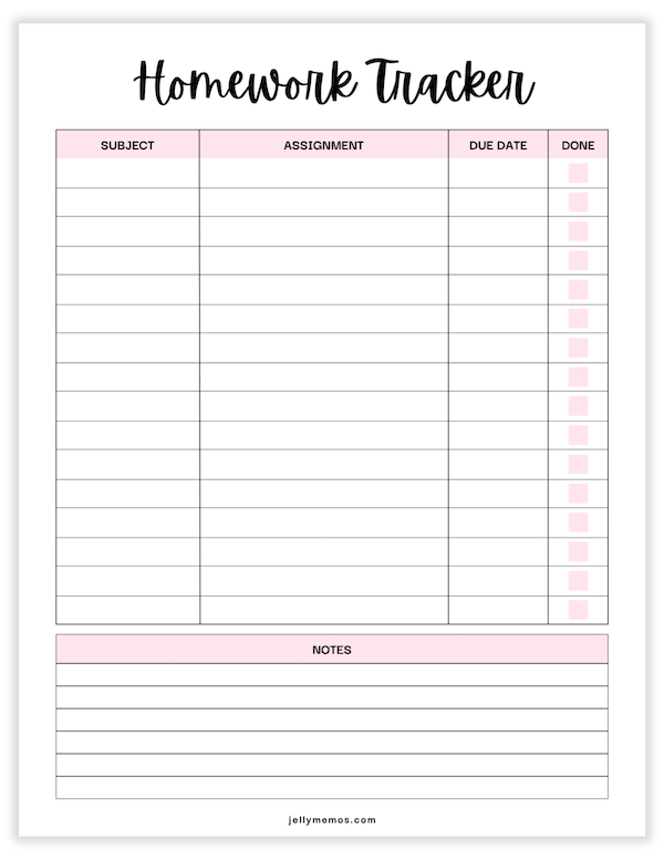 printable homework tracker