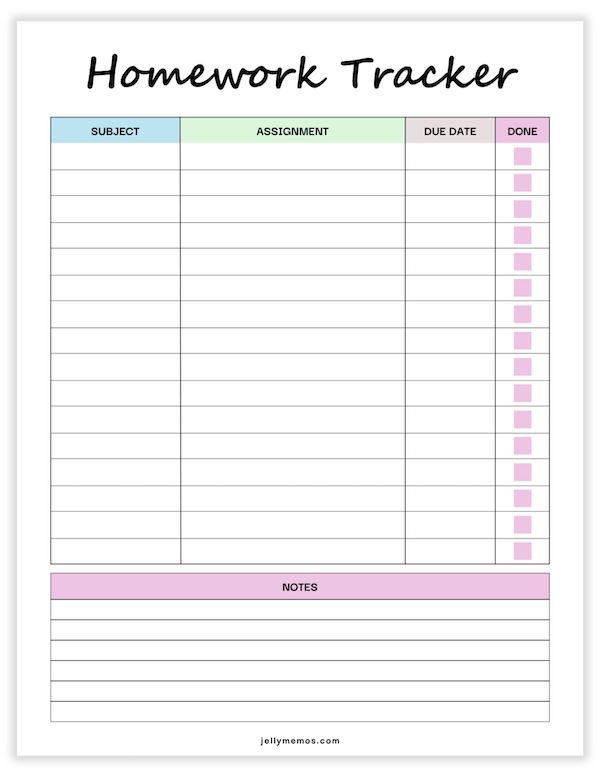 printable homework tracker