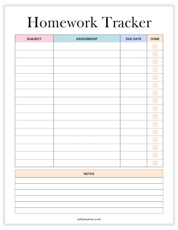 printable homework tracker