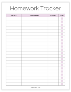 Printable Homework Tracker Templates For Teachers And Students - JellyMemos