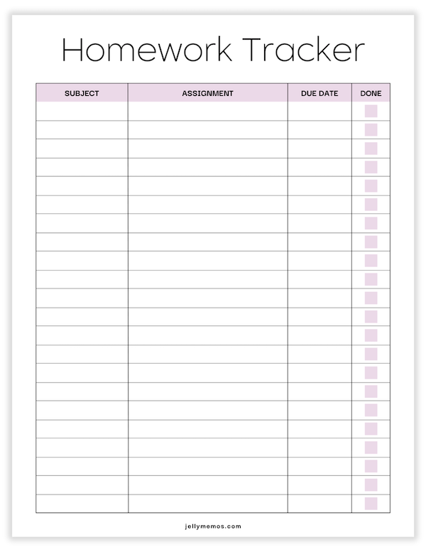 printable homework tracker