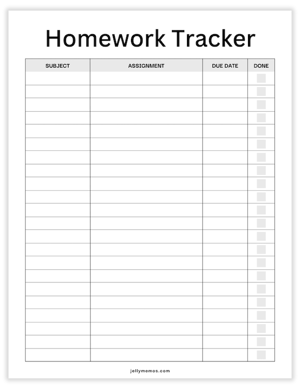 printable homework tracker