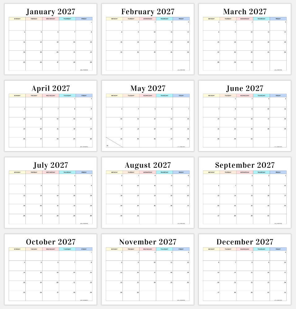 pastel colorful 2027 monday to friday calendar