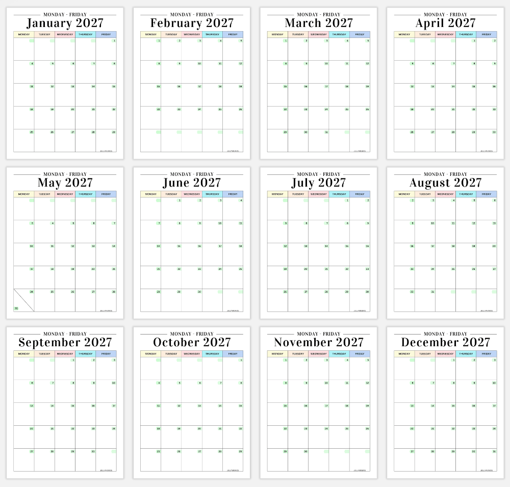 colorful vertical 2027 monday to friday calendar