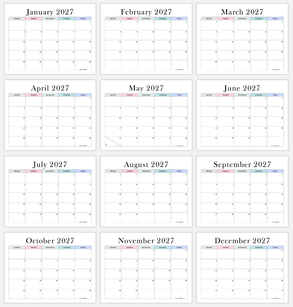 aesthetic 2027 monday to friday calendar