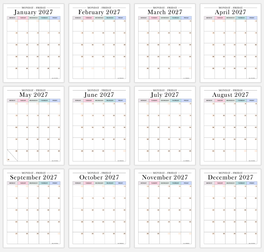 muted colorful 2027 monday to friday calendar