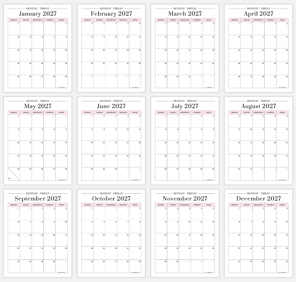 pink 2027 monday to friday calendar