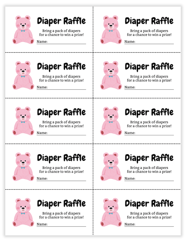 girl diaper raffle tickets with pink colored teddy bear