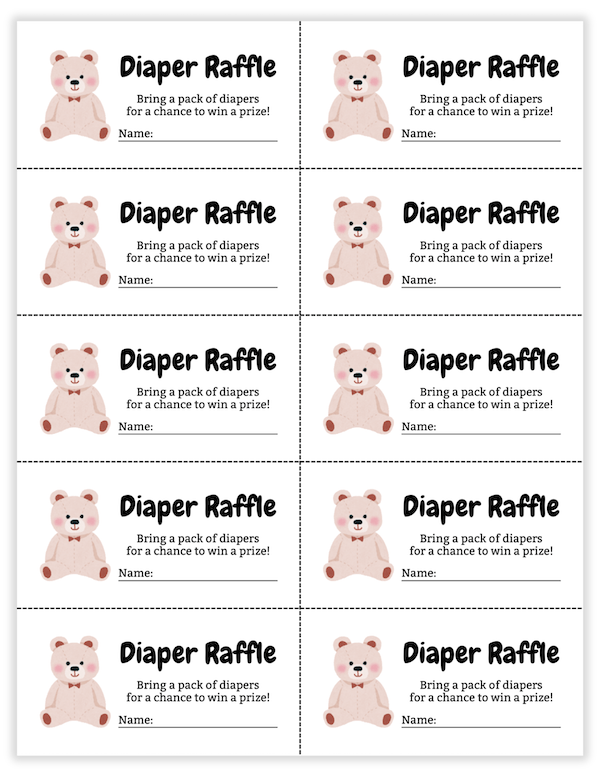 gender neutral diaper raffle tickets with beige colored teddy bear