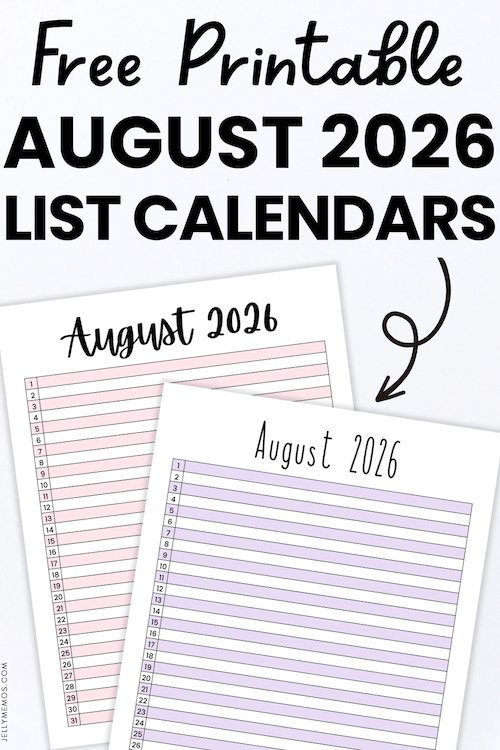 Printable August 2026 List View Calendar Templates