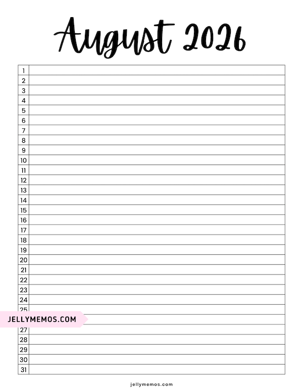 pretty august 2026 list view calendar