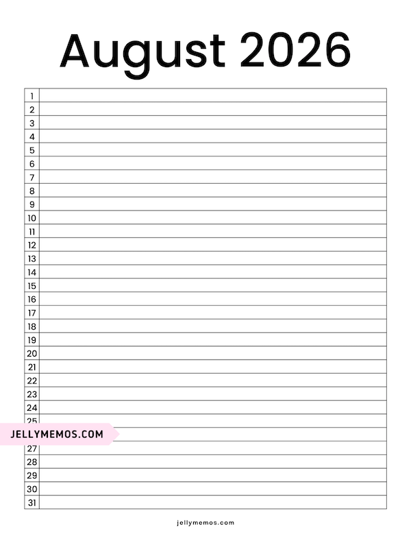 minimalist august 2026 list view calendar