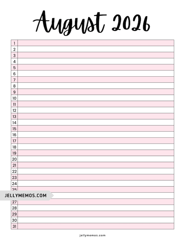 pink august 2026 list view calendar