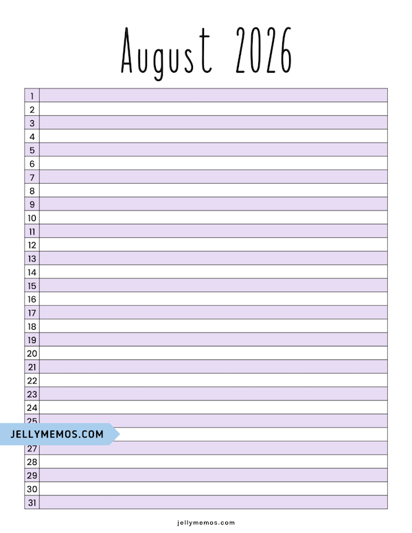 purple august 2026 list view calendar