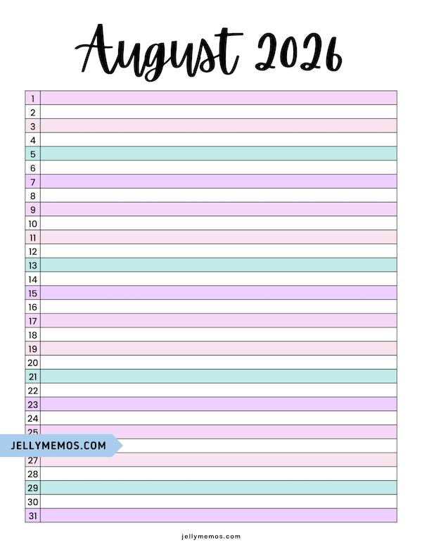 cute august 2026 list view calendar