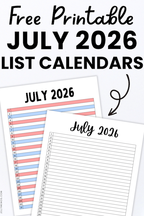 Printable July 2026 List View Calendar Templates