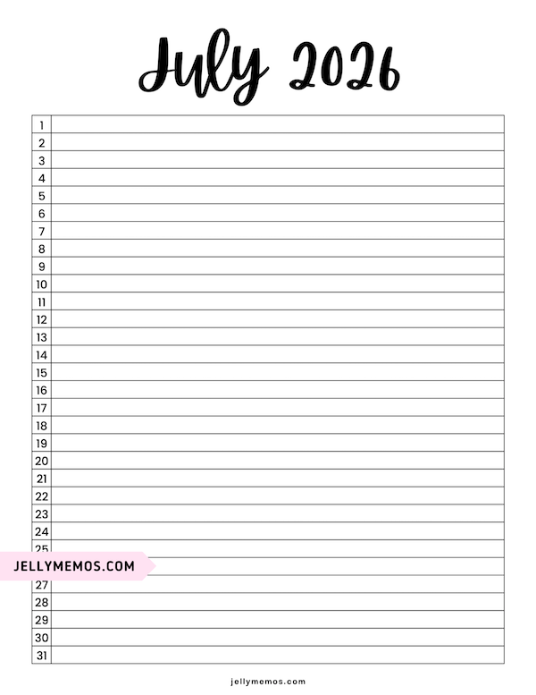 Minimalist July 2026 List View Calendar