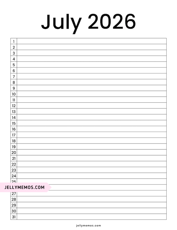 Minimal July 2026 List View Calendar
