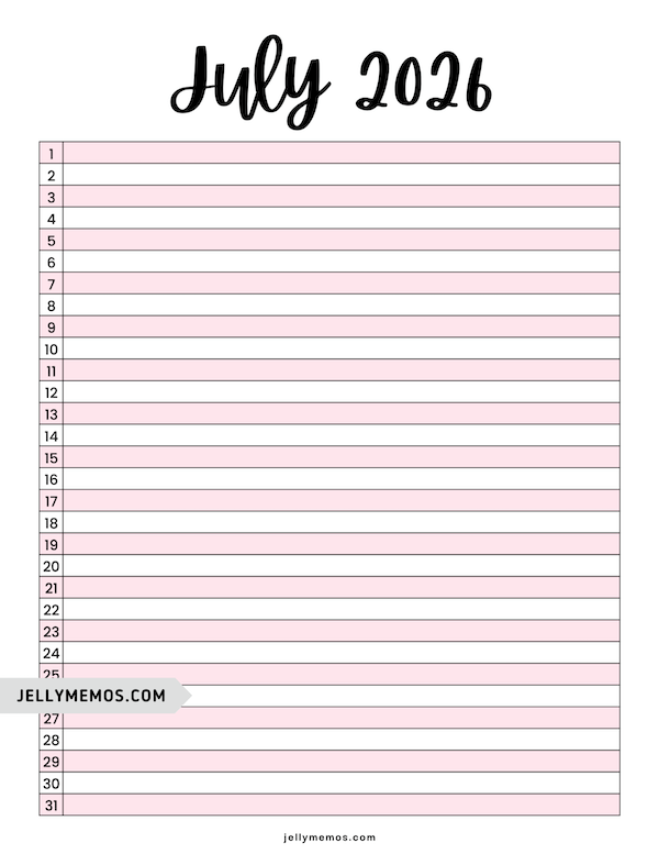 Pink July 2026 List View Calendar