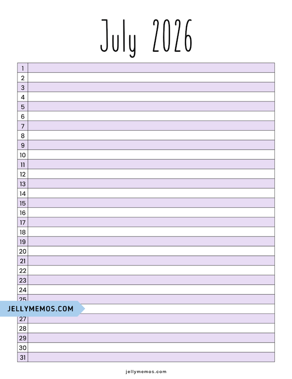 Purple July 2026 List View Calendar
