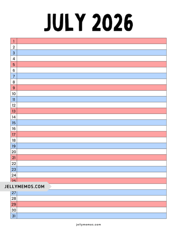 Red white and blue July 2026 List View Calendar