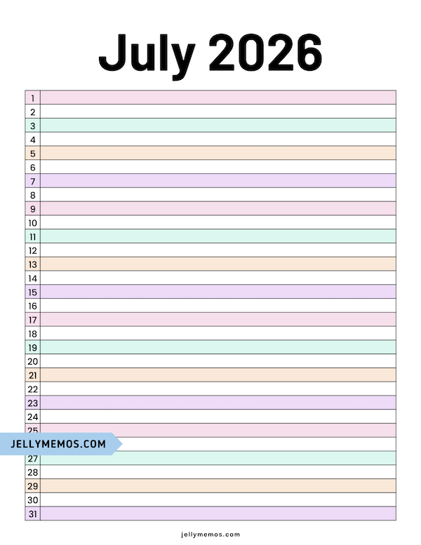 Pastel July 2026 List View Calendar