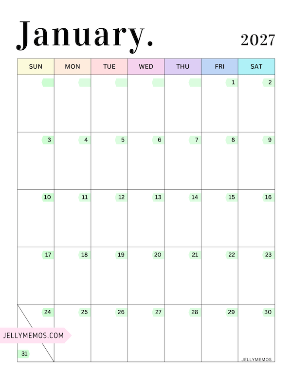 2027 Pastel Colorful Calendar january