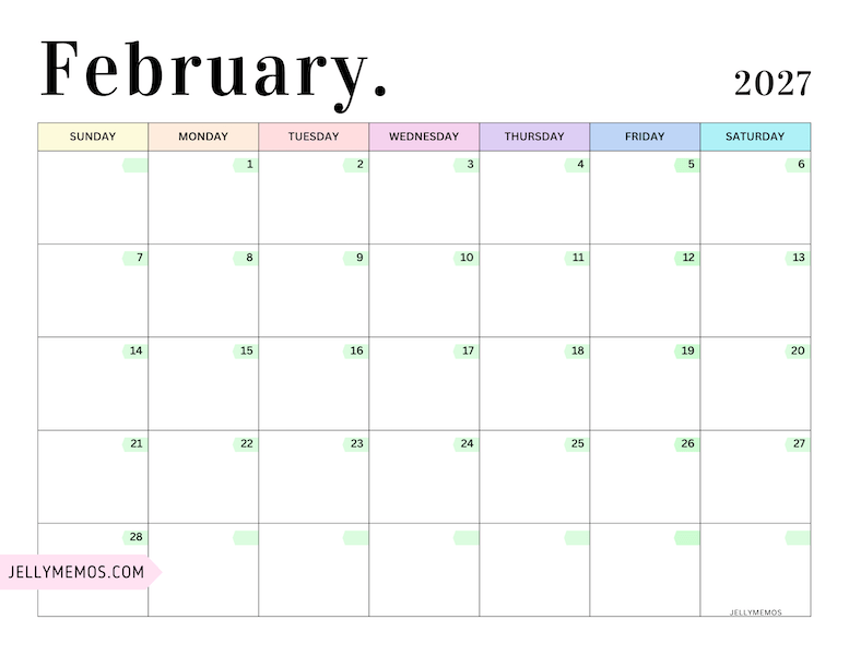 2027 Pastel Colorful Calendar february
