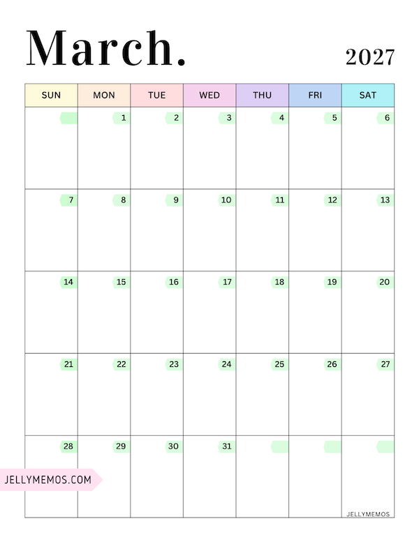 2027 Pastel Colorful Calendar march