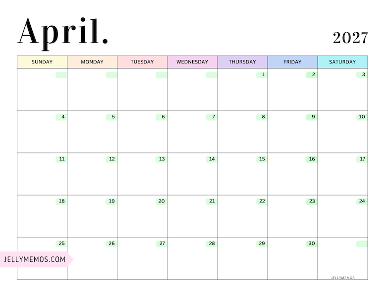 2027 Pastel Colorful Calendar april