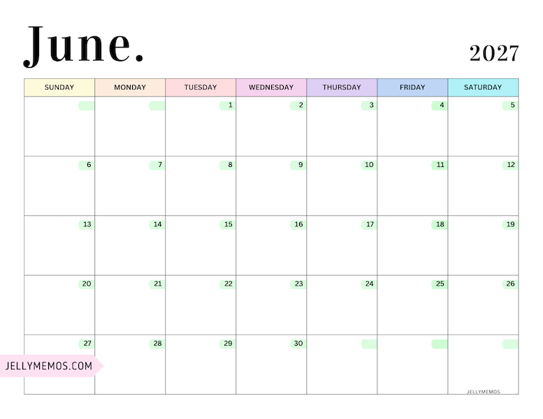 2027 Pastel Colorful Calendar june
