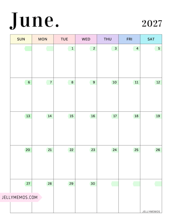 2027 Pastel Colorful Calendar june