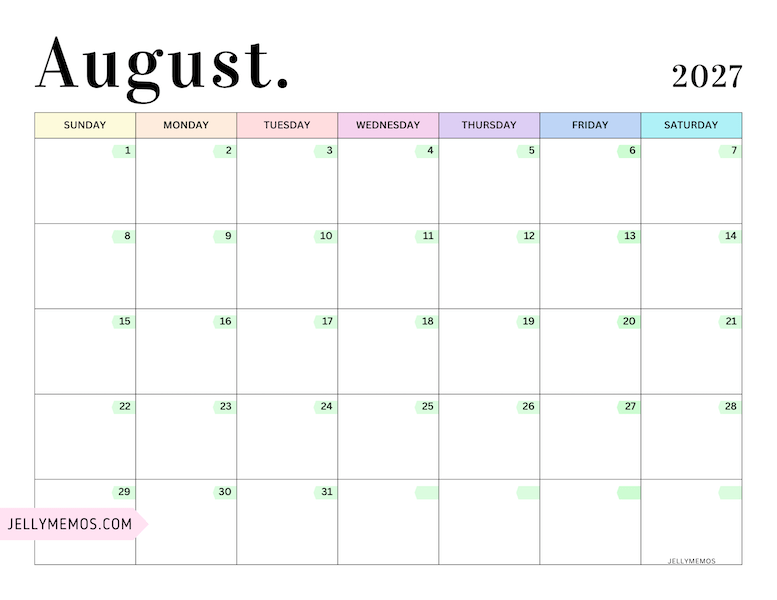 2027 Pastel Colorful Calendar august
