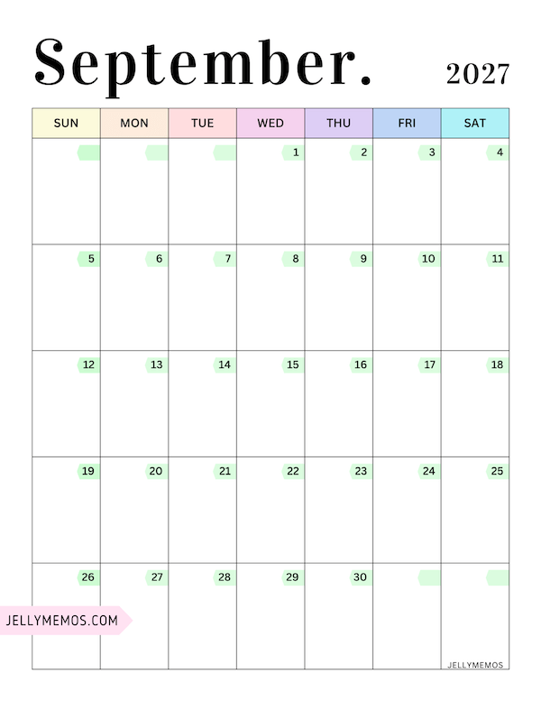 2027 Pastel Colorful Calendar september