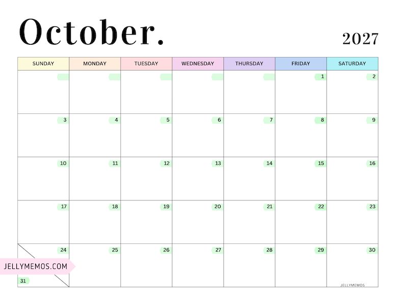 2027 Pastel Colorful Calendar october