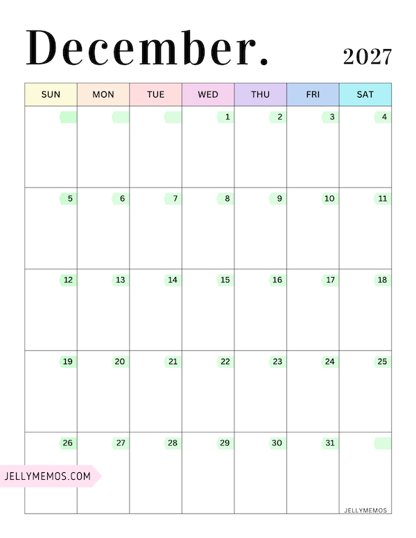2027 Pastel Colorful Calendar december