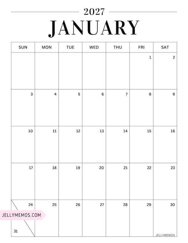 january 2027 simple calendar