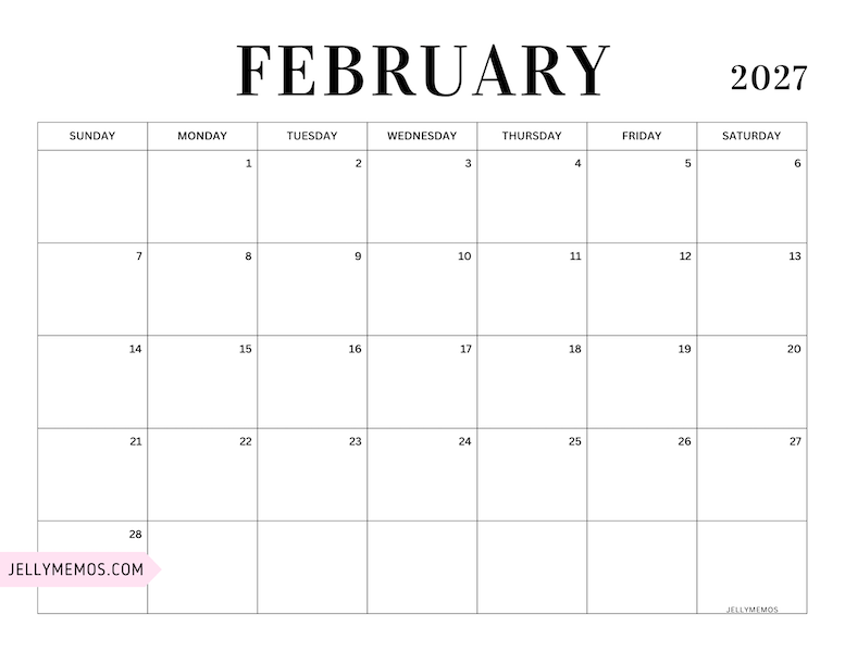 february 2027 simple calendar